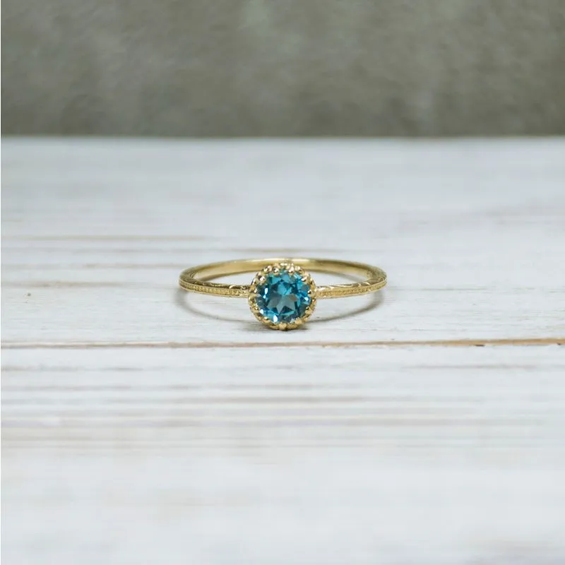 14K Yellow Gold Round Blue Topaz 5mm Ring