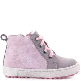 (2624-7) Grey Pink Lace Up Sneakers with zipper