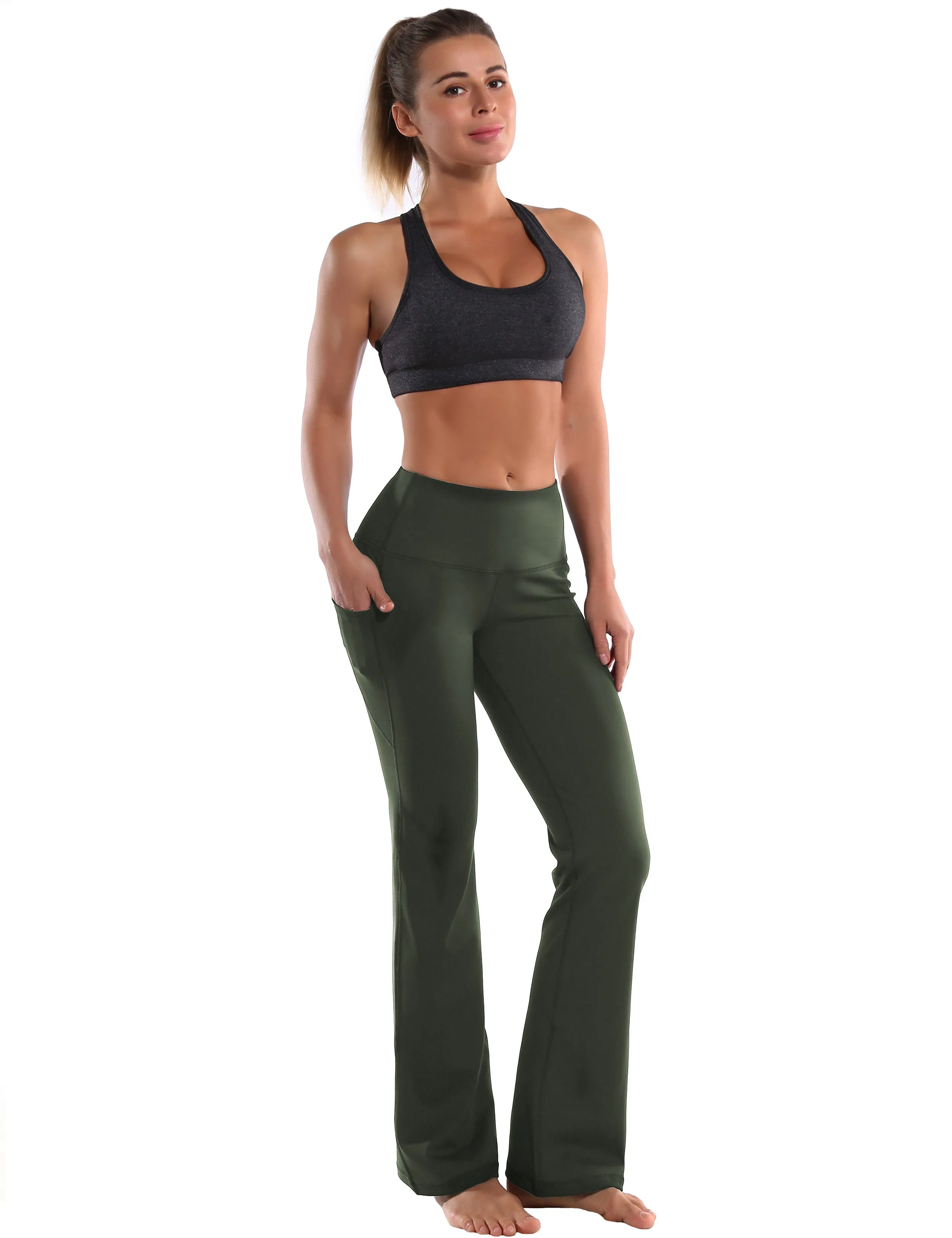 29" 31" 33" 35" 37"  Side Pockets Bootcut Leggings olivegreen