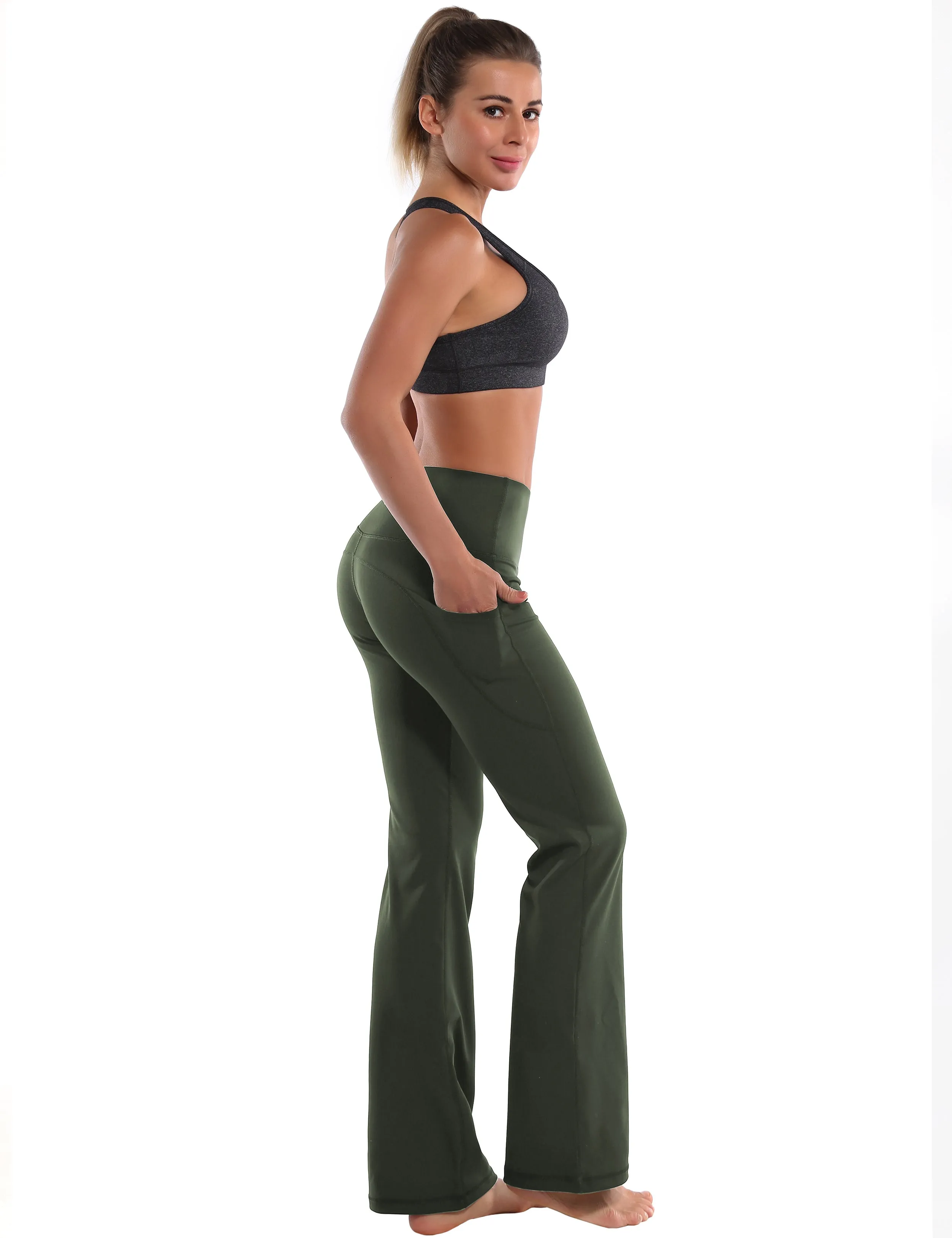 29" 31" 33" 35" 37"  Side Pockets Bootcut Leggings olivegreen