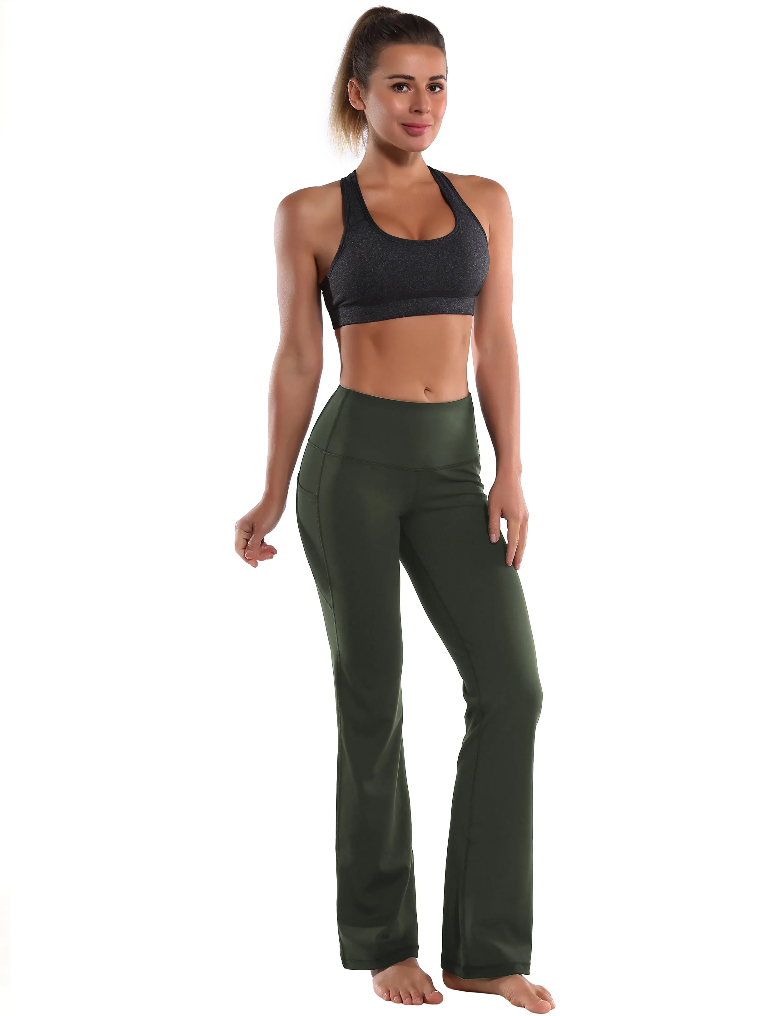 29" 31" 33" 35" 37"  Side Pockets Bootcut Leggings olivegreen