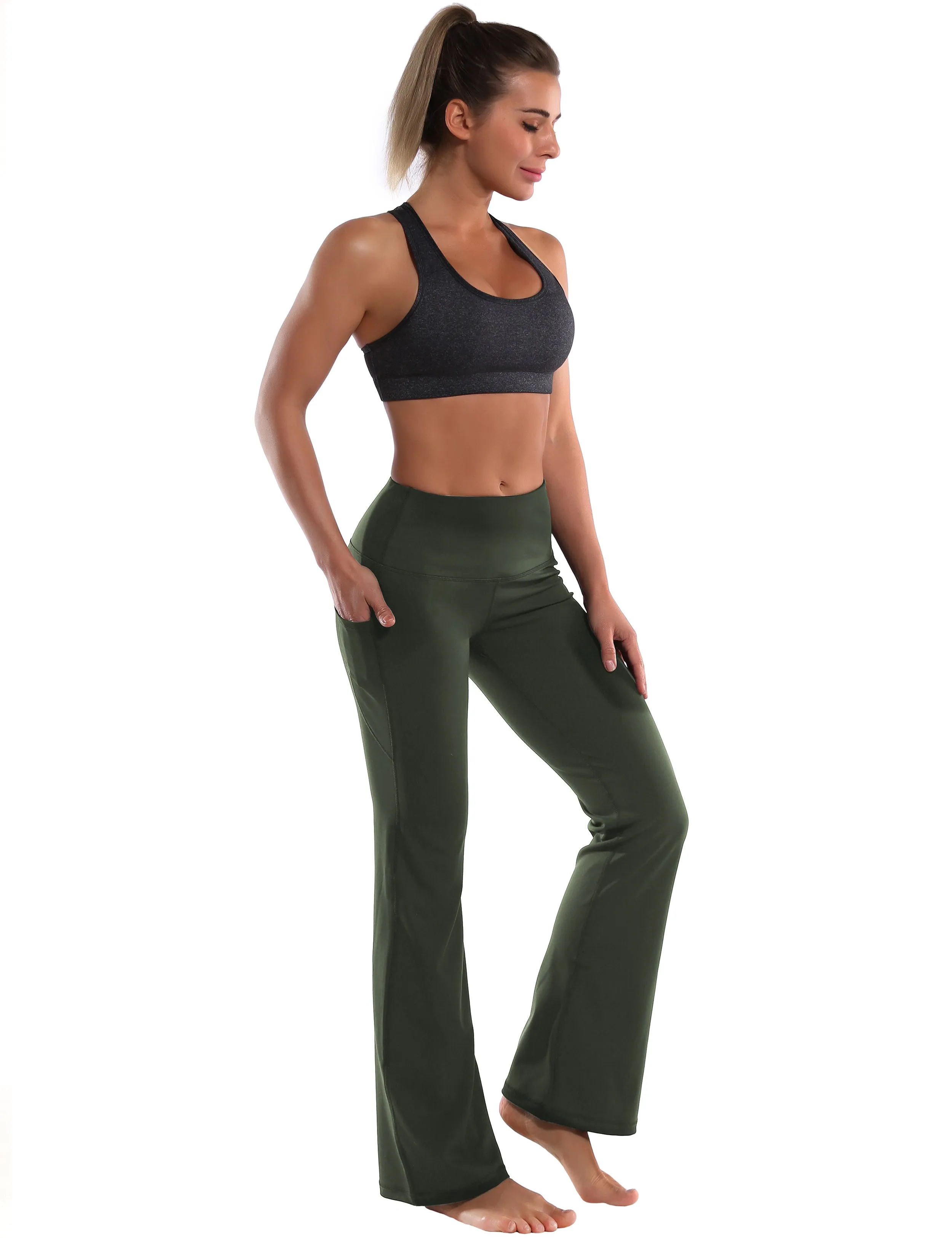 29" 31" 33" 35" 37"  Side Pockets Bootcut Leggings olivegreen