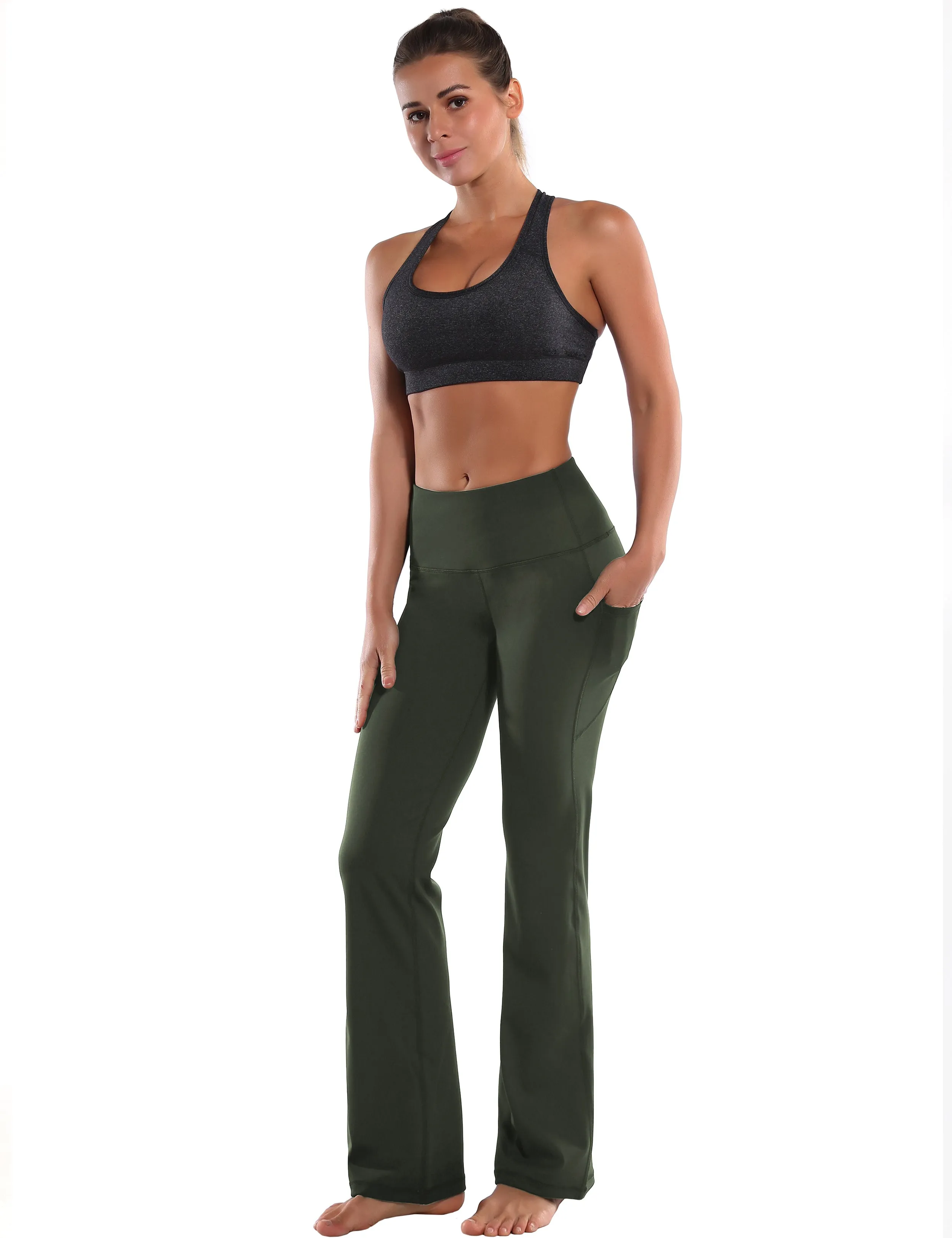 29" 31" 33" 35" 37"  Side Pockets Bootcut Leggings olivegreen