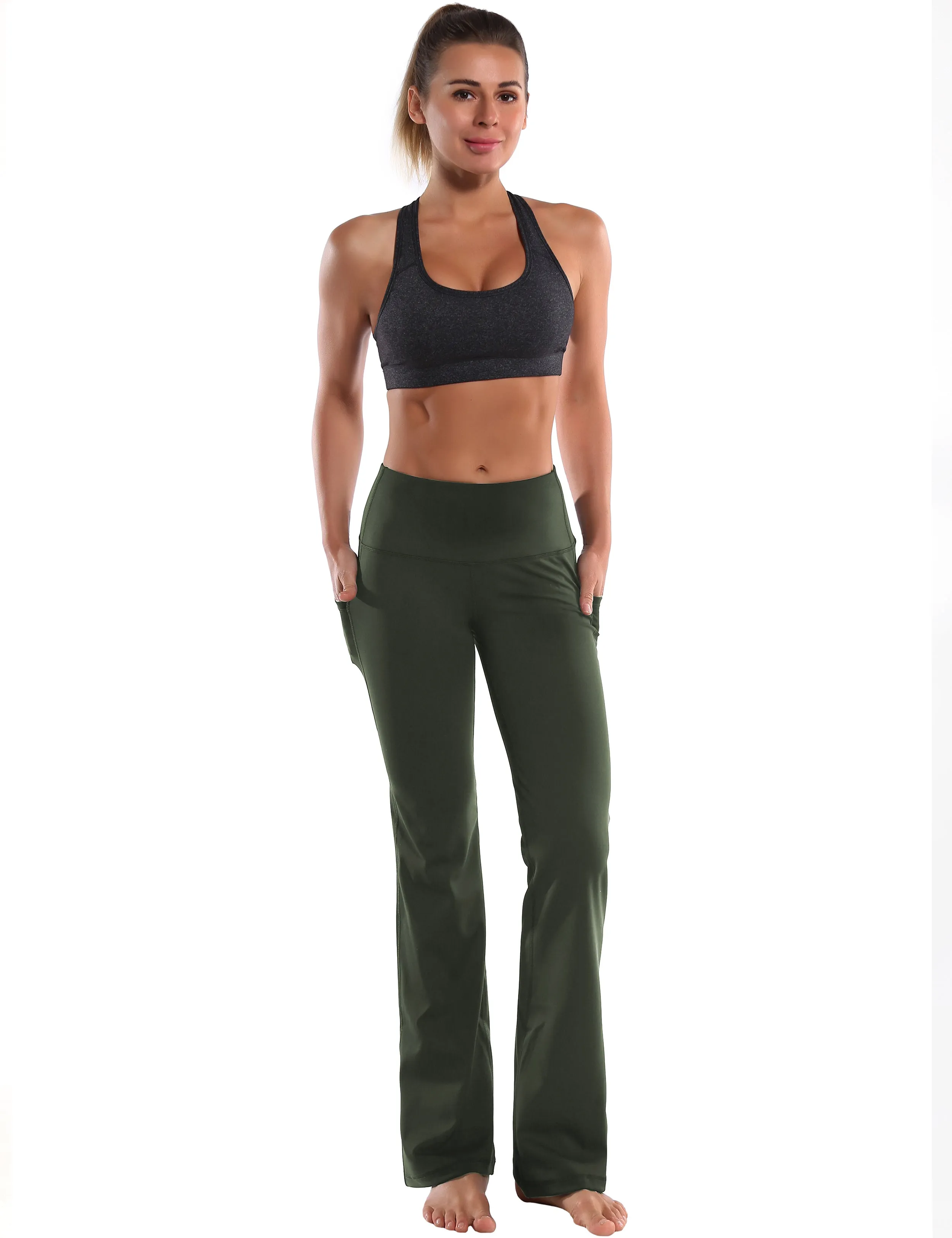 29" 31" 33" 35" 37"  Side Pockets Bootcut Leggings olivegreen