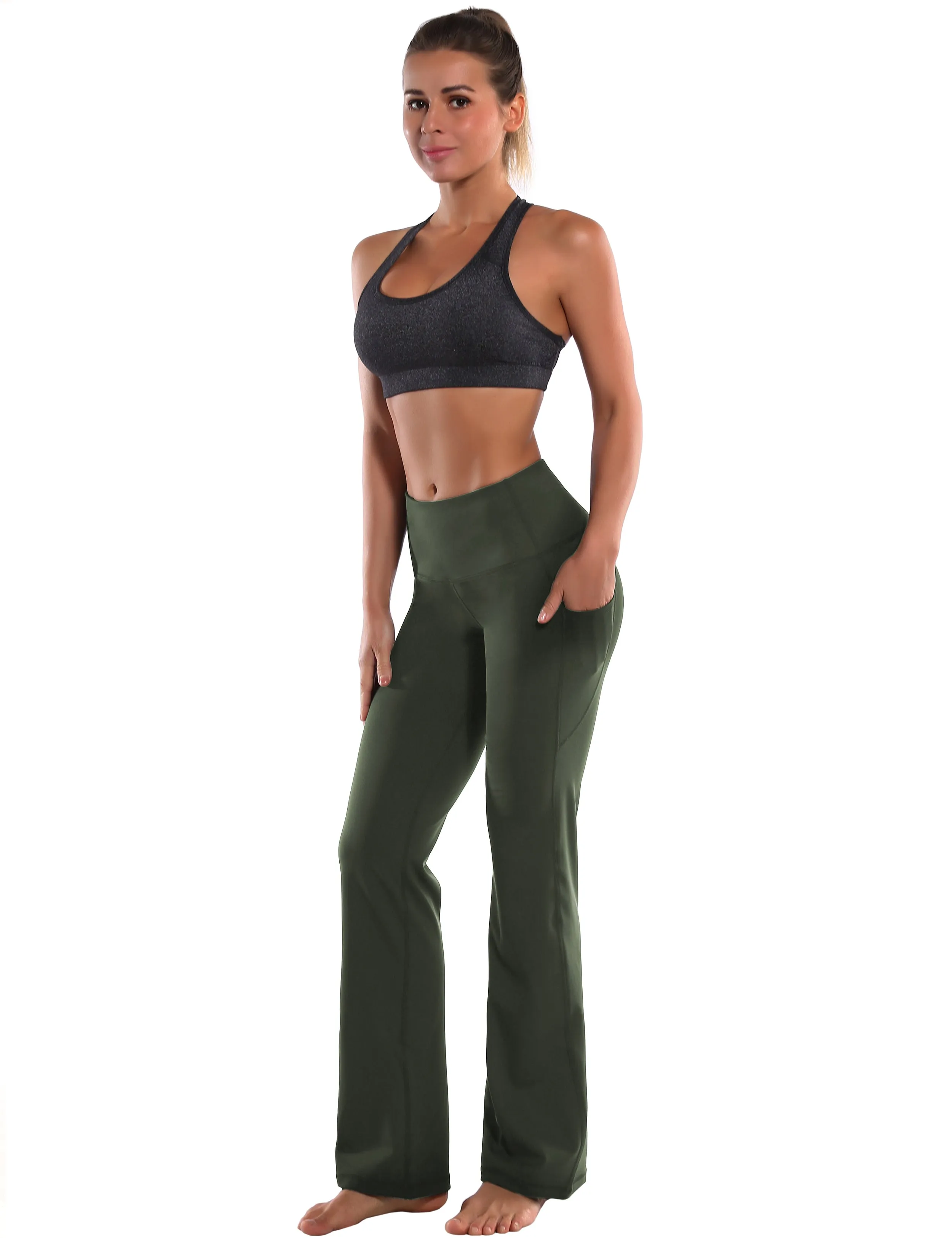 29" 31" 33" 35" 37"  Side Pockets Bootcut Leggings olivegreen