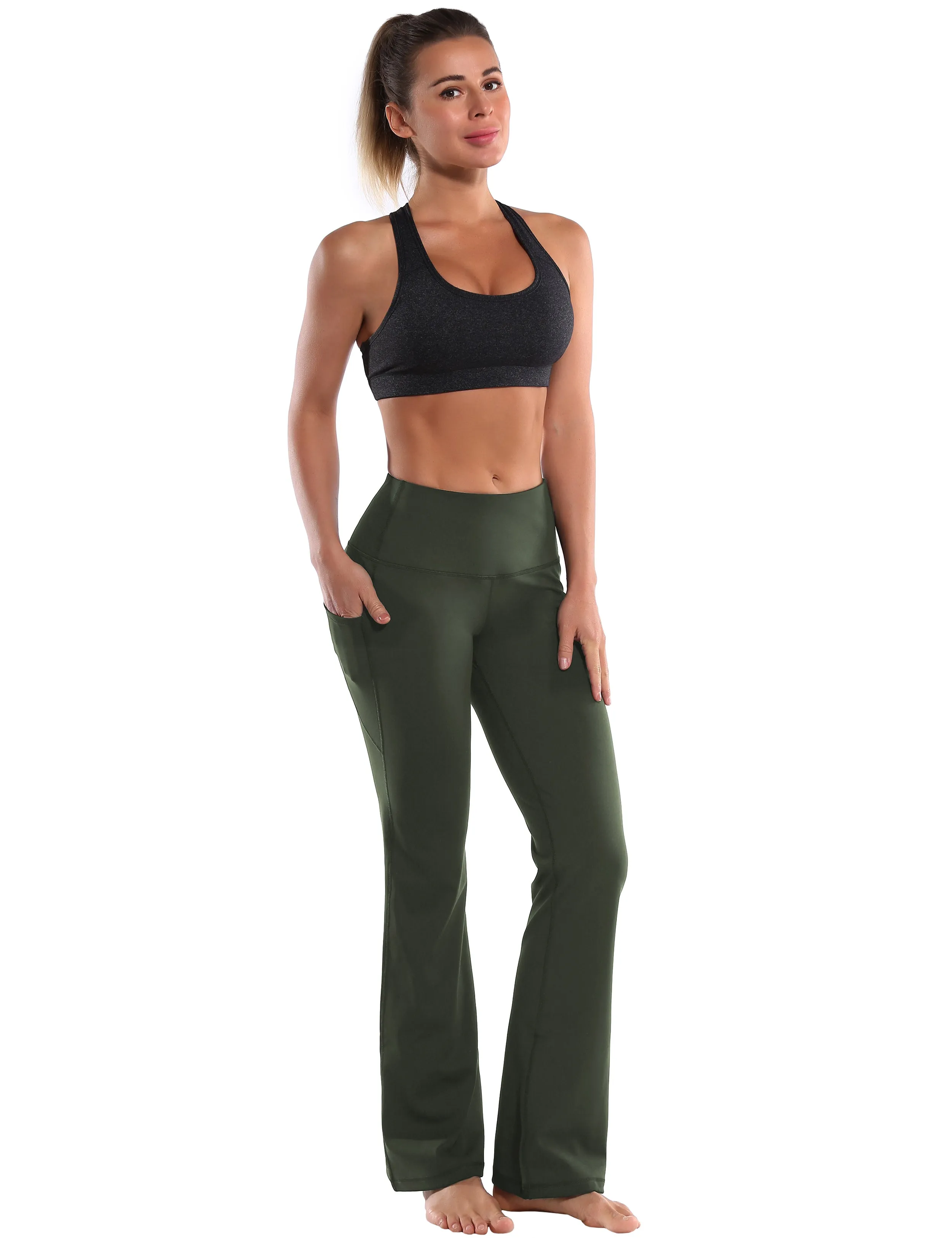 29" 31" 33" 35" 37"  Side Pockets Bootcut Leggings olivegreen