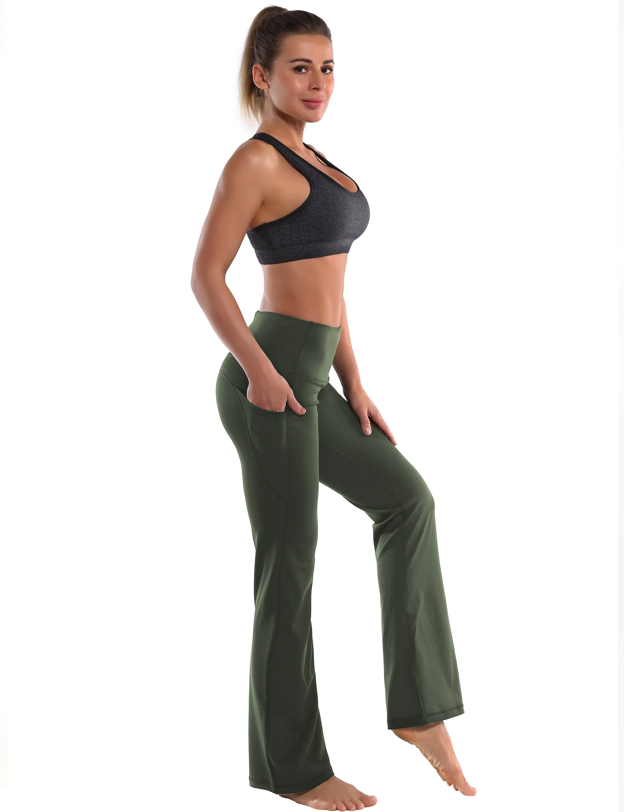 29" 31" 33" 35" 37"  Side Pockets Bootcut Leggings olivegreen