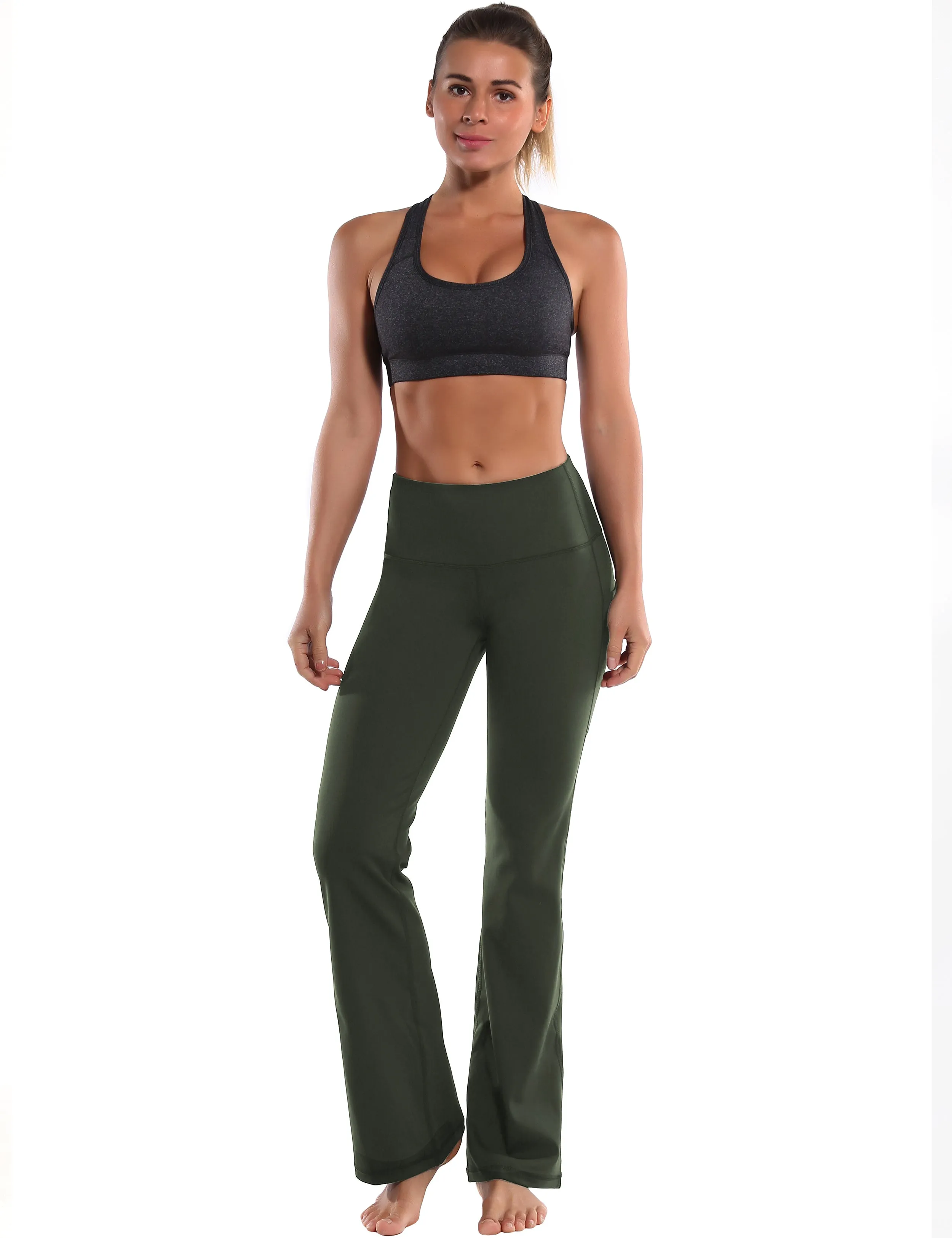 29" 31" 33" 35" 37"  Side Pockets Bootcut Leggings olivegreen