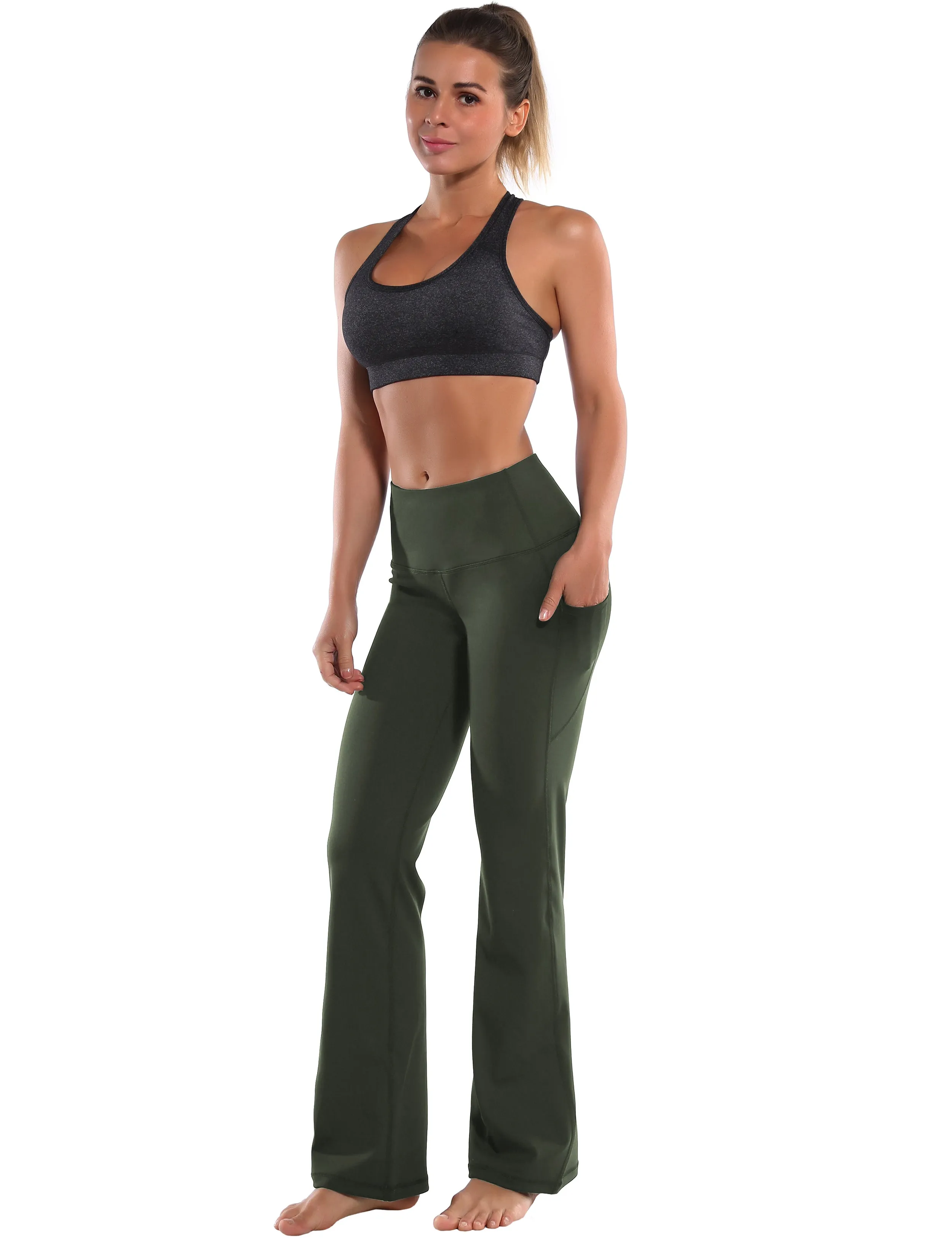 29" 31" 33" 35" 37"  Side Pockets Bootcut Leggings olivegreen