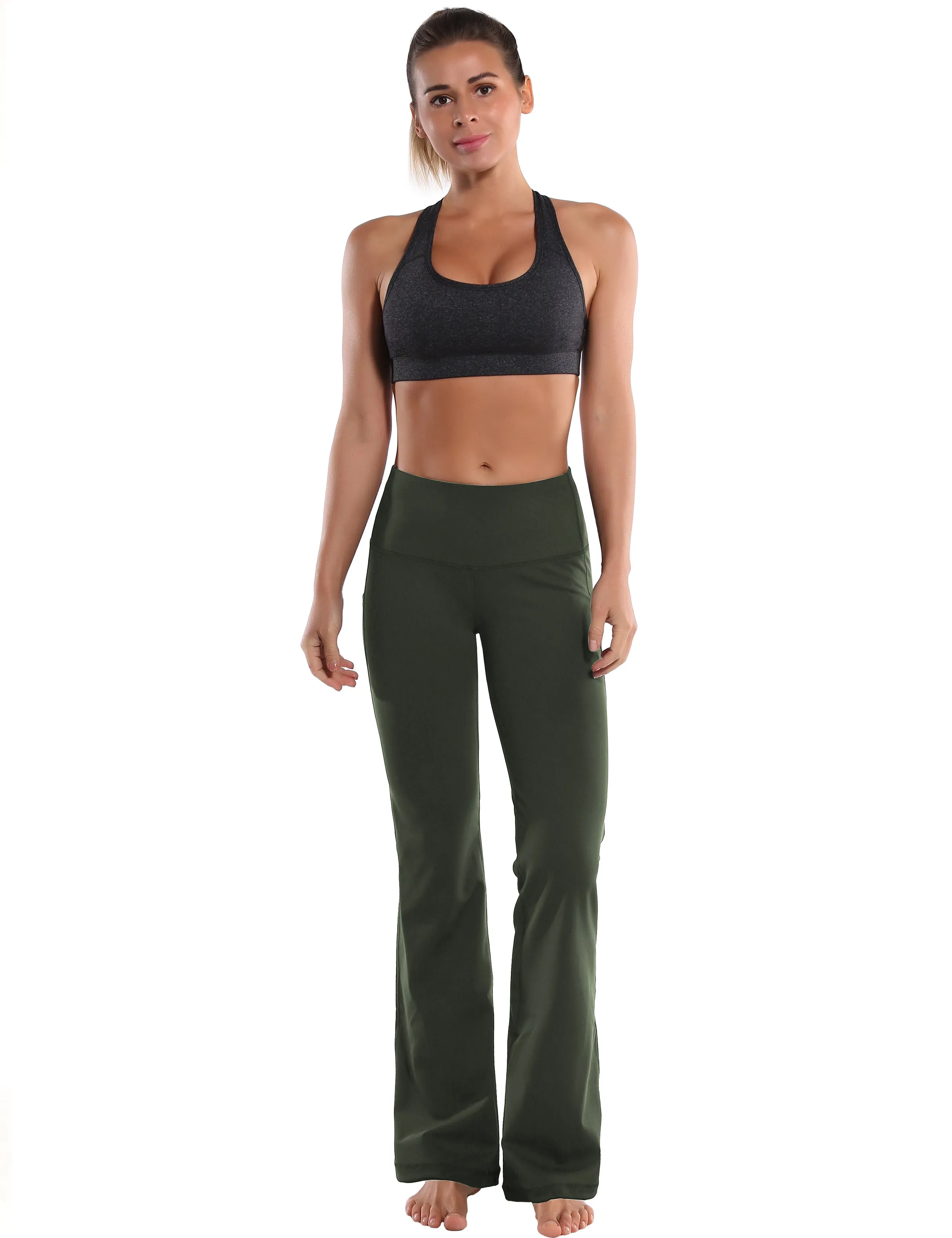 29" 31" 33" 35" 37"  Side Pockets Bootcut Leggings olivegreen