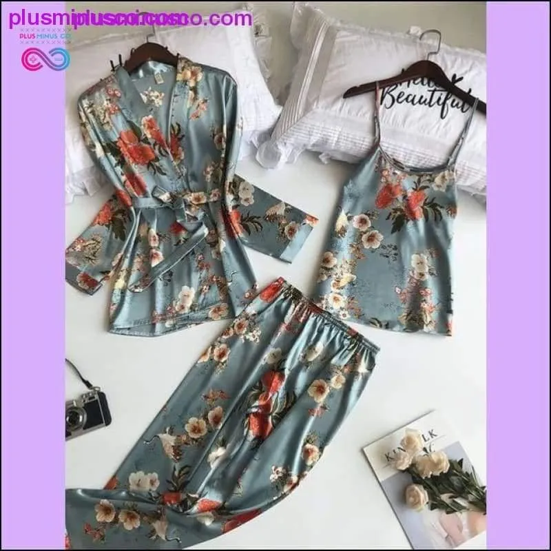 3 Pcs Printing Women Robe Sets Spaghetti Strap Cardigan Pant