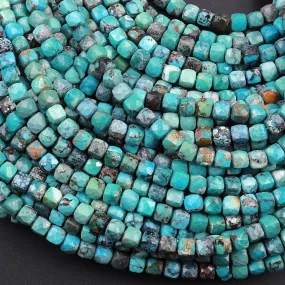 AA Natural Turquoise Faceted 4mm Cube Beads Real Genuine Natural Blue Green Turquoise Micro Faceted Laser Diamond Cut 15.5" Strand