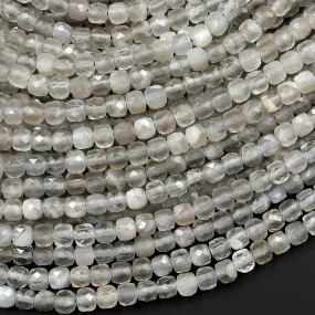 AAA Chatoyant Natural Silvery Gray Moonstone Faceted 4mm Cube Gemstone Beads 15.5" Strand