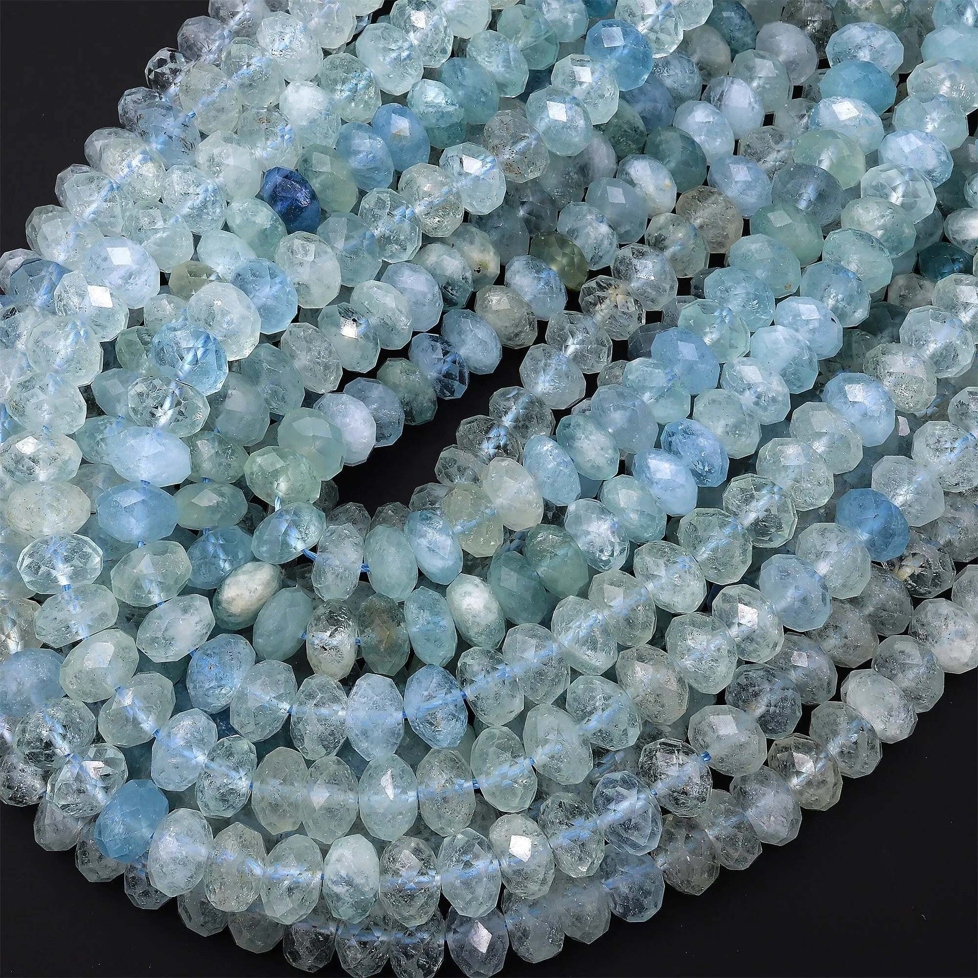 AAA Extra Translucent Large Natural Blue Aquamarine Faceted Rondelle Beads 8mm 10mm 15.5" Strand