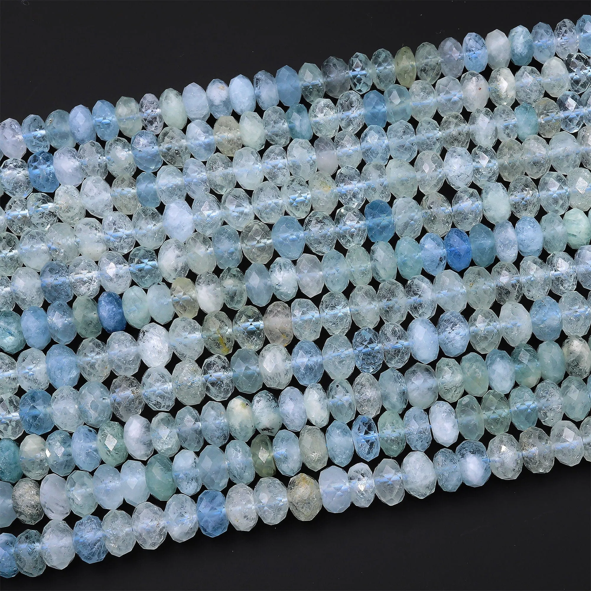 AAA Extra Translucent Large Natural Blue Aquamarine Faceted Rondelle Beads 8mm 10mm 15.5" Strand