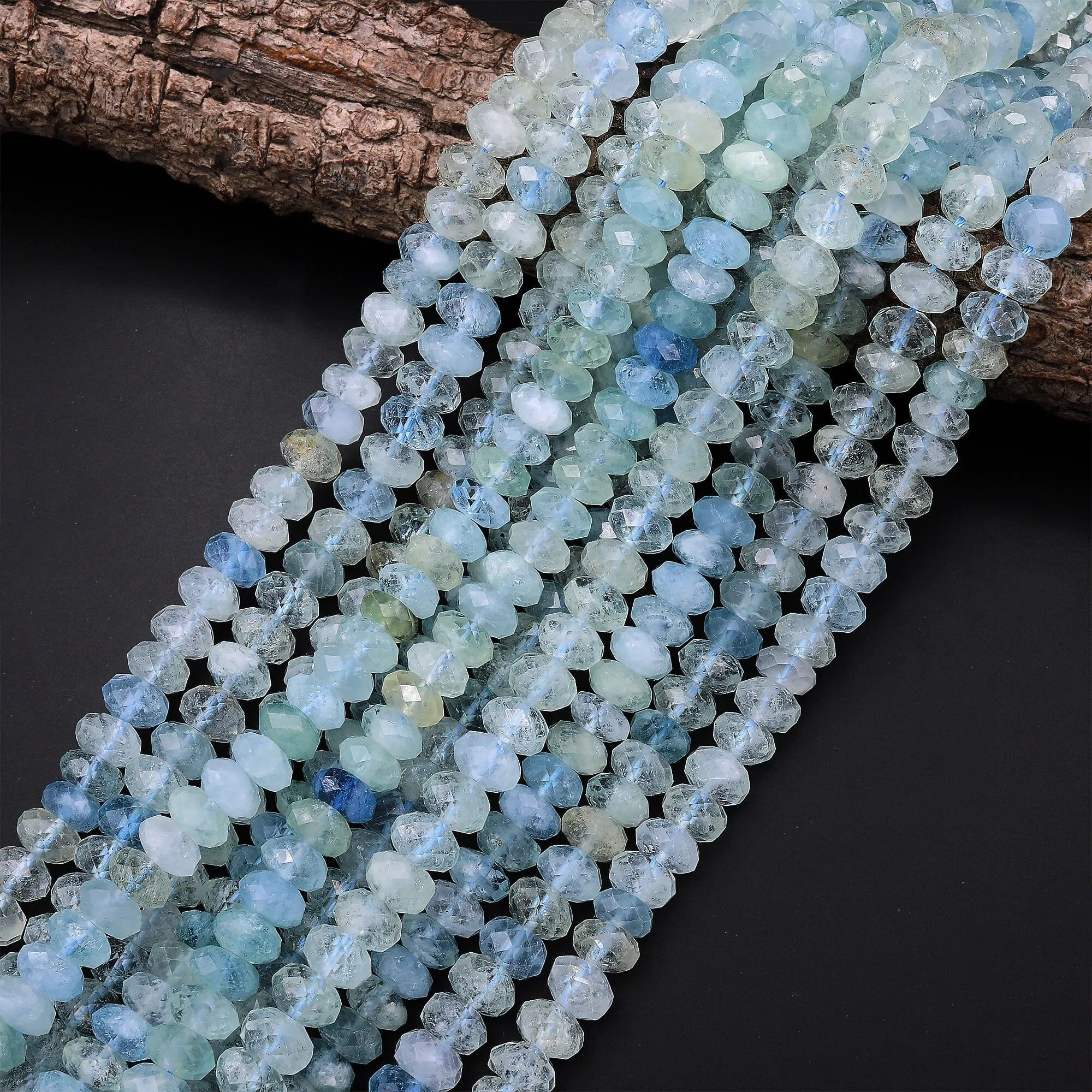 AAA Extra Translucent Large Natural Blue Aquamarine Faceted Rondelle Beads 8mm 10mm 15.5" Strand