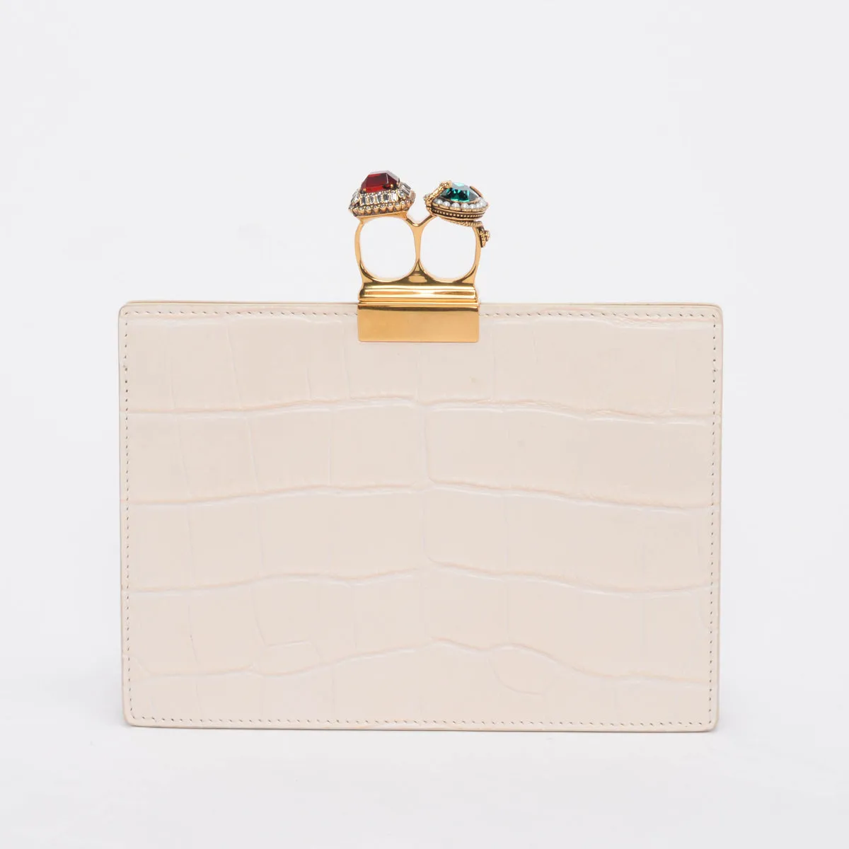 Alexander McQueen Cream Croc Embossed Double Ring Clutch