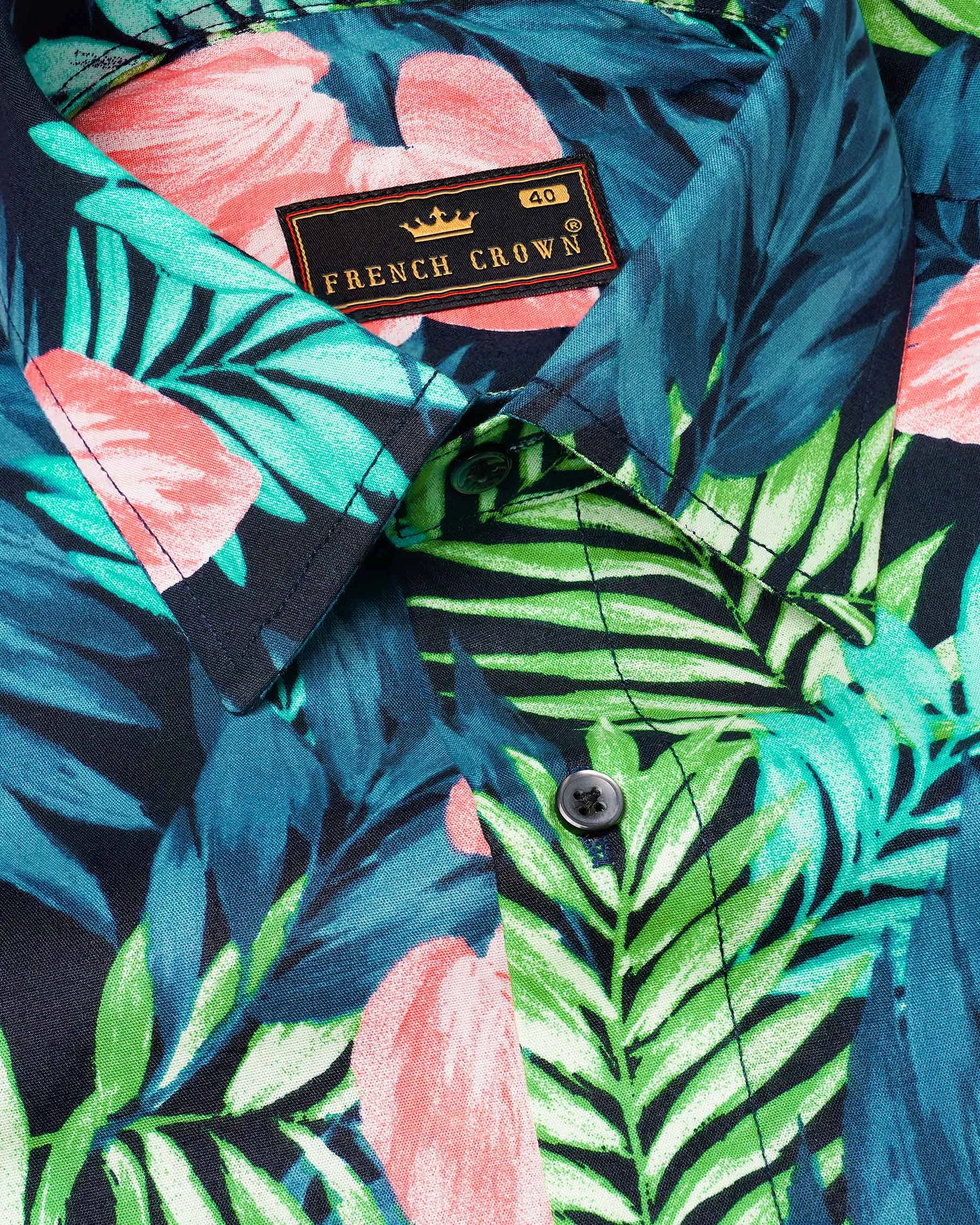 Allports Blue and Mantis Green Leaves Printed Premium Cotton Shirt