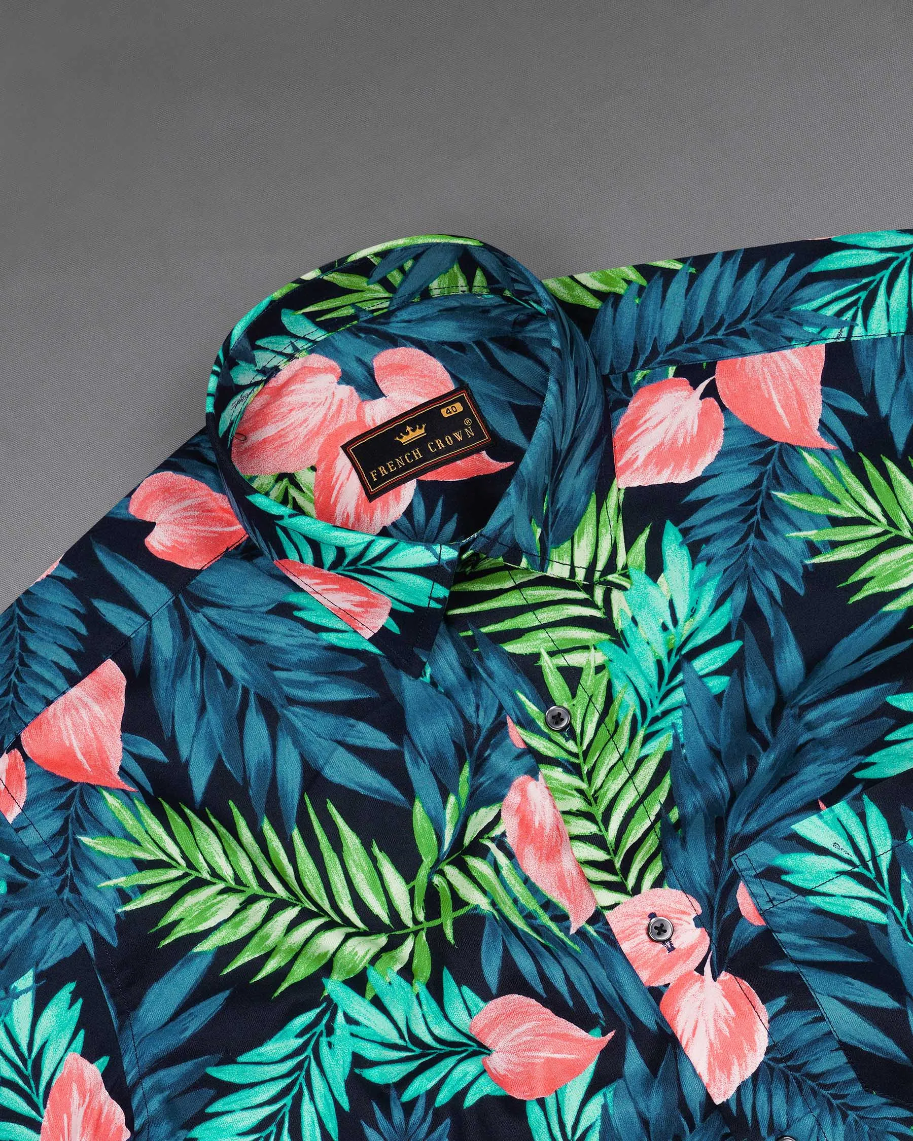 Allports Blue and Mantis Green Leaves Printed Premium Cotton Shirt