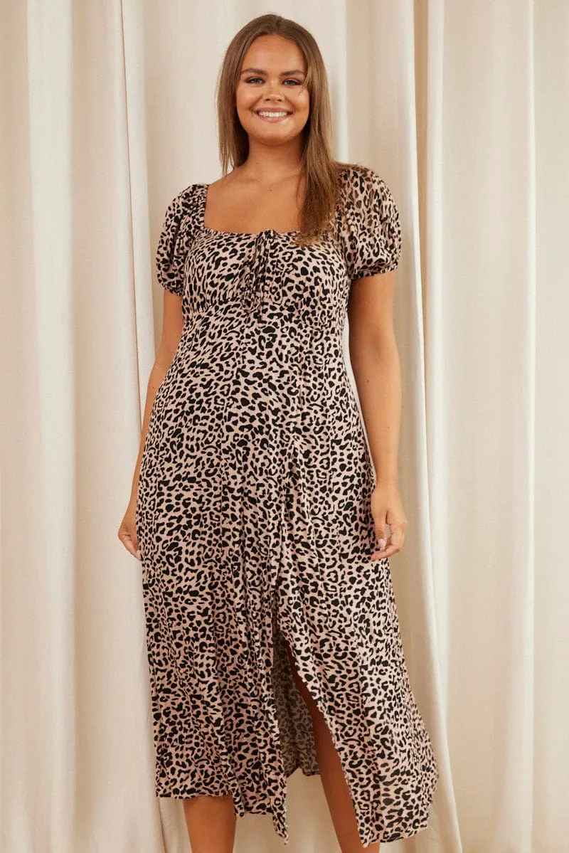 Animal Print Maxi Dress Scoop Neck Short Sleeve