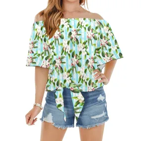 apple blossom print striped arrow Off Shoulder Knot Front Blouse (Model T71)