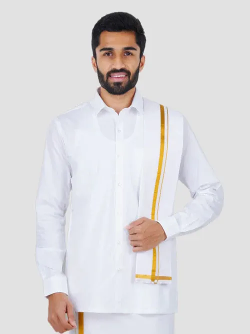 Attractive Men's Cotton Angavastram White With Gold Zari Border