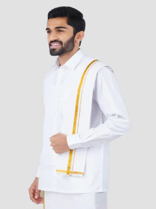 Attractive Men's Cotton Angavastram White With Gold Zari Border