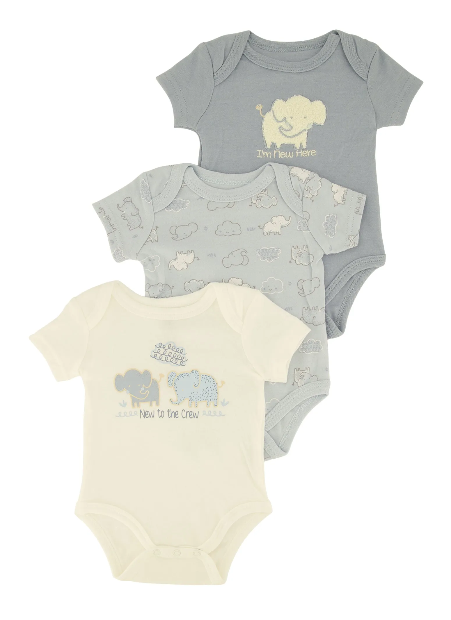 Baby Boys 0-9M Elephant Chenille Patch Graphic Bodysuit Trio