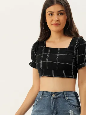 Berrylush Women Black Checkered Print Open Back Crop Top