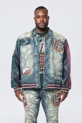 Big and Tall - Vegan Leather Sleeve Varsity Denim Jacket - Alley Blue