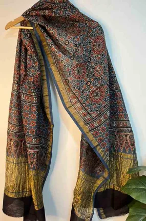 Blue Ajrakh Block Printed Chanderi Silk Tissue Border Dupatta