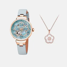 BLUE CHERRY BLOSSOM 36MM AUTOMATIC WATCH & ROSEGOLD FLOWER NECKLACE & WHITE CERAMIC