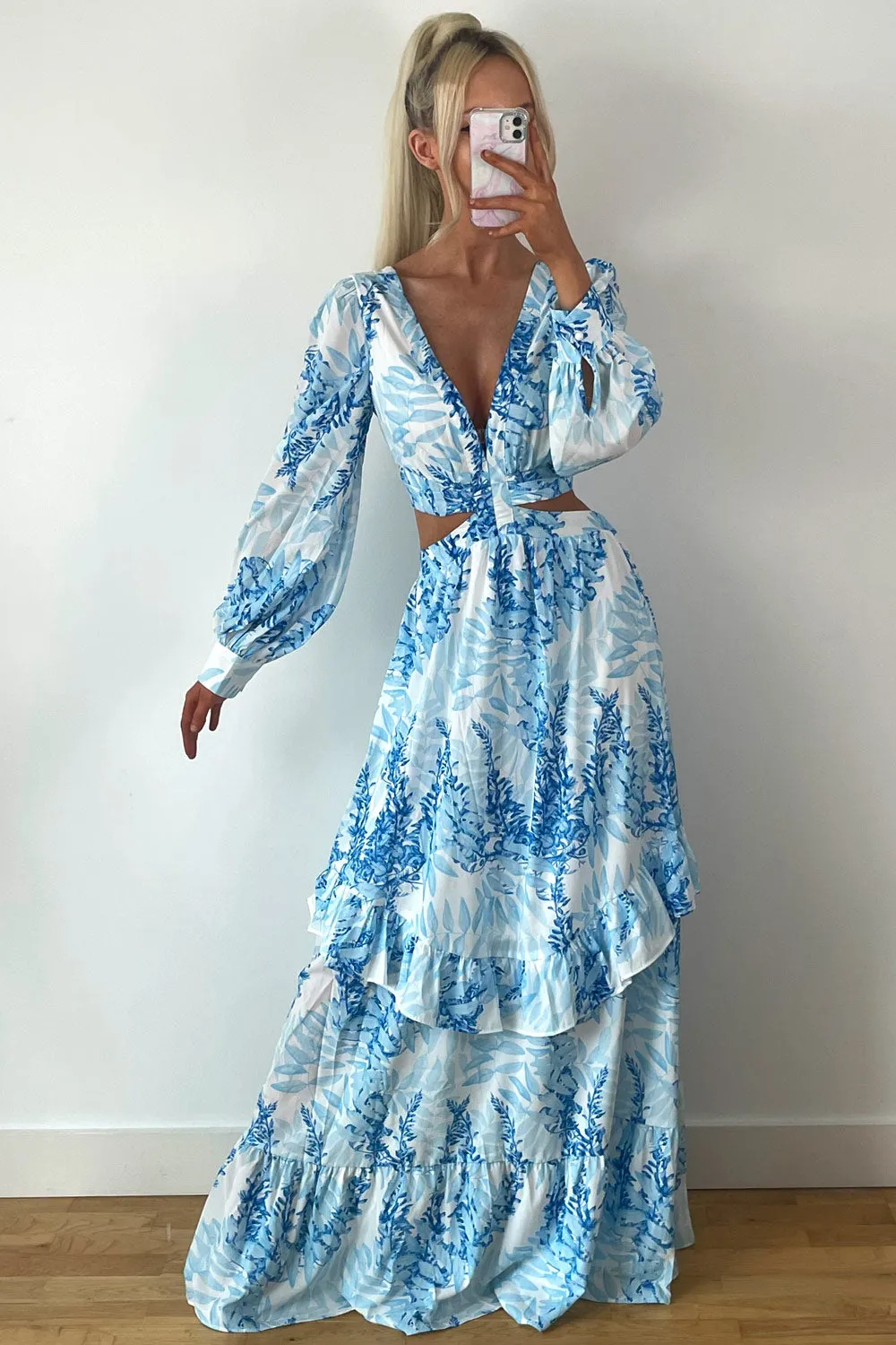 Blue Floral Print Cut Out Frill Maxi Dress