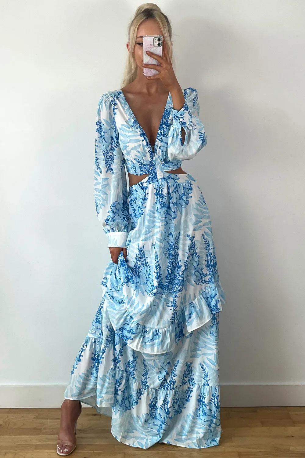 Blue Floral Print Cut Out Frill Maxi Dress