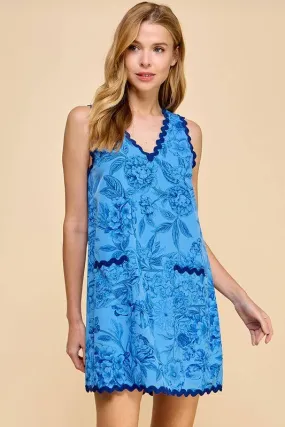 BLUE FLORAL PRINTED SCALLOPED TRIM DRESS