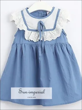 Blue Sleeveless Baby Girl  Kids Dress With White Lace Neck Decor Detail