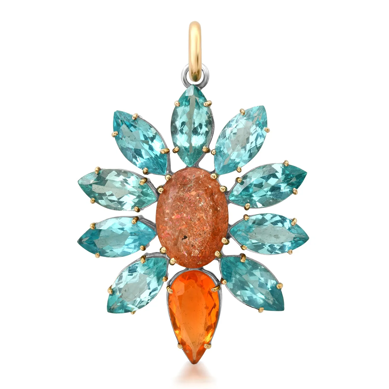 Blue Topaz & Opal Flower Pendant Charm with Sun Stone