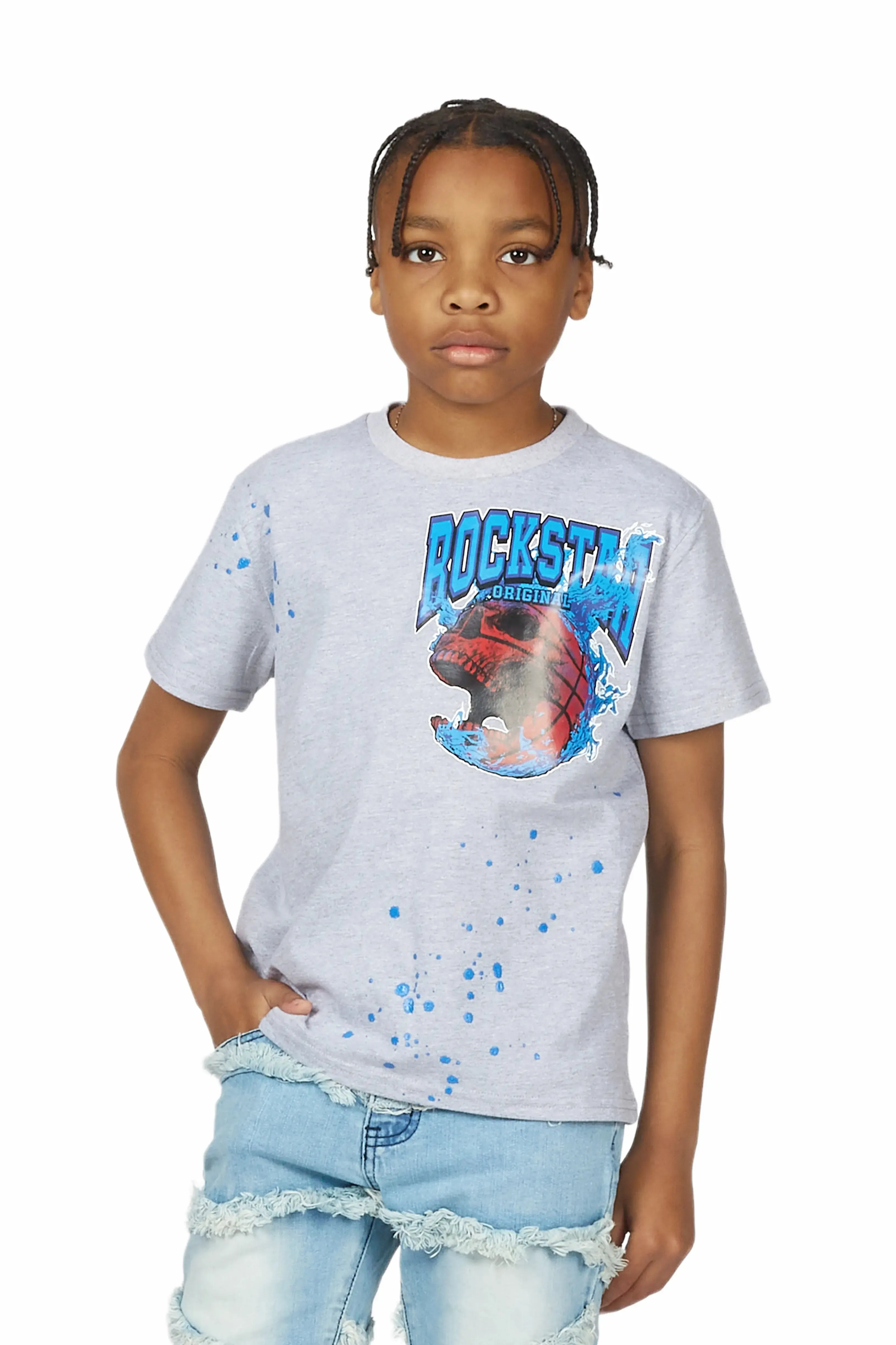 Boys Jabari Grey/Blue T-Shirt/Stacked Flare Jean Set