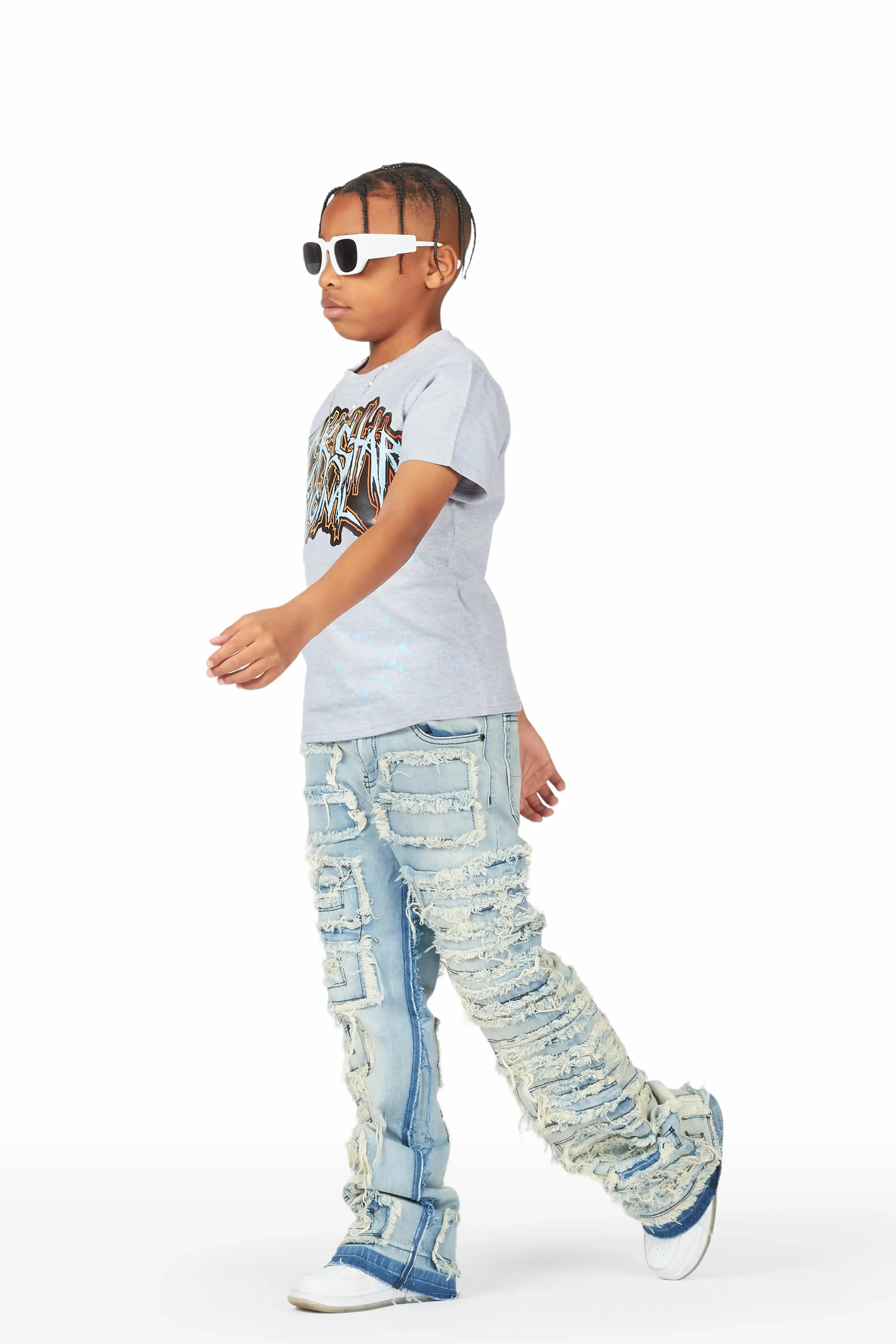 Boys Jafari Grey/Blue T-Shirt/Stacked Flare Jean Set