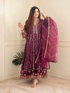 Burgundy Wine Bandhani Print Heavy Cotton Anarkali Suit With Organza Dupatta