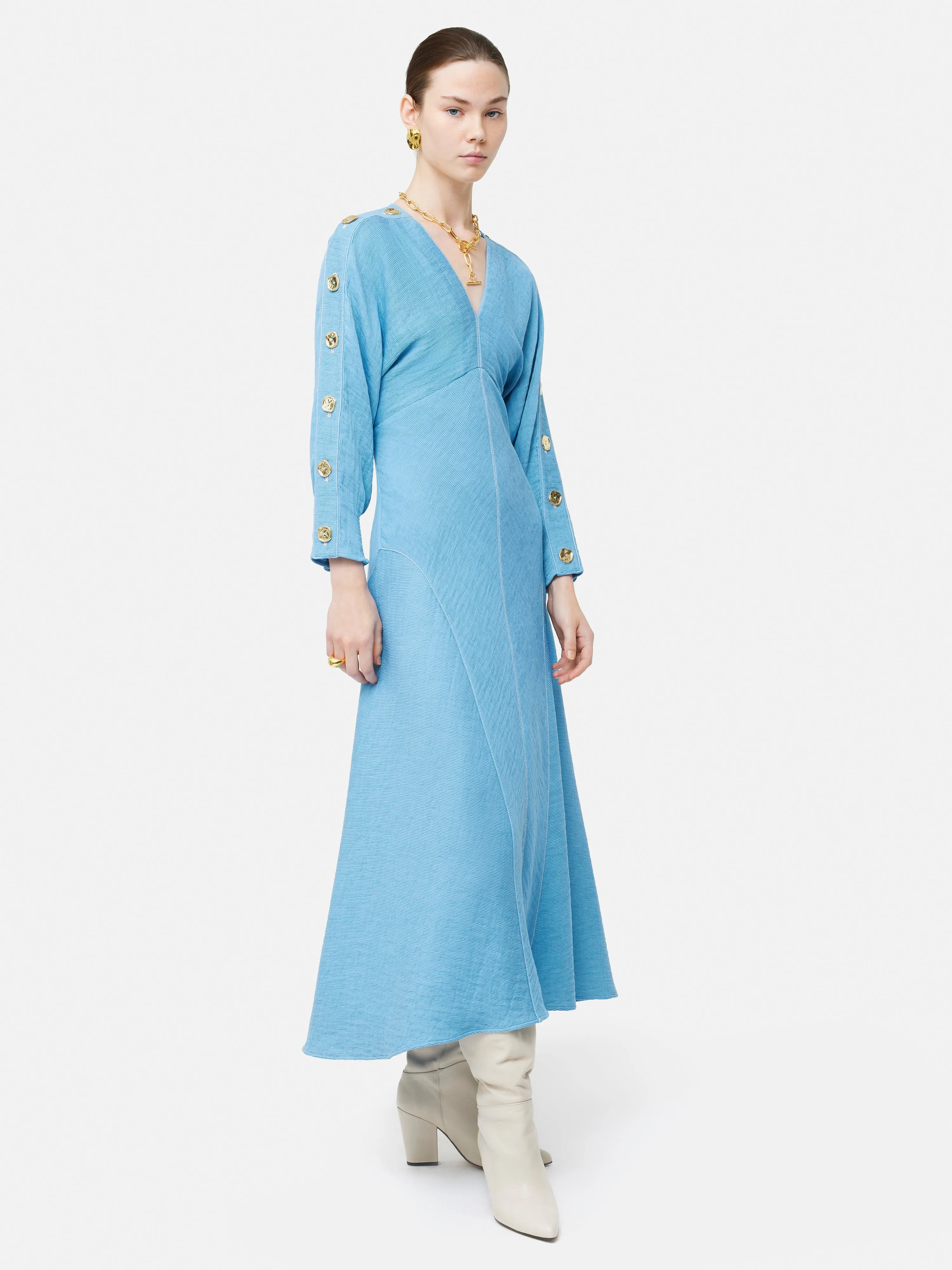 Button Detail Crepe Midi Dress | Blue