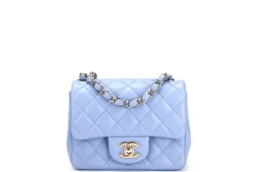 CHANEL CLASSIC MINI SQUARE (3071xxxx) LIGHT BLUE LAMBSKIN LIGHT GOLD HARDWARE, WITH CARD, DUST COVER & BOX