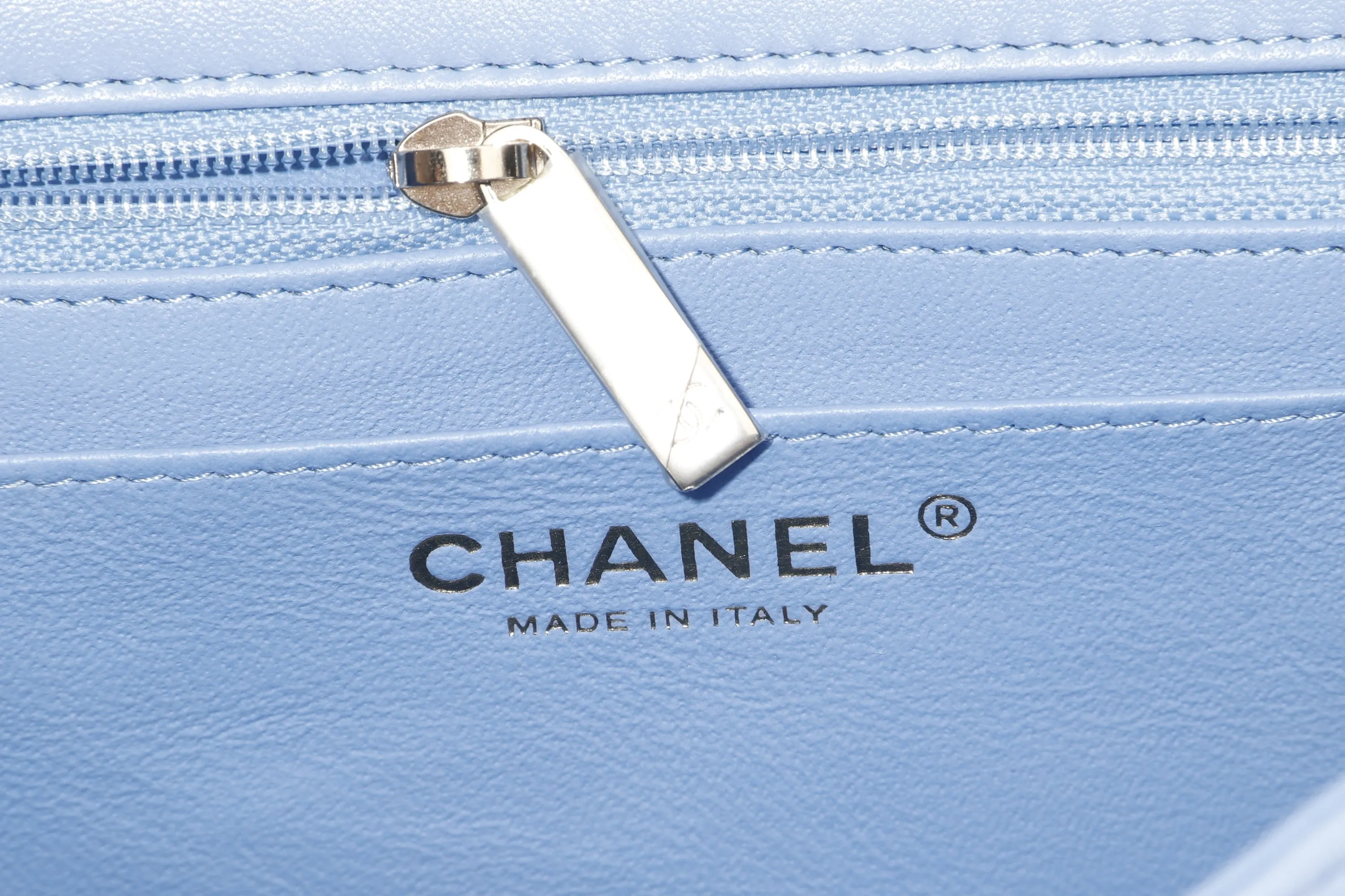 CHANEL CLASSIC MINI SQUARE (3071xxxx) LIGHT BLUE LAMBSKIN LIGHT GOLD HARDWARE, WITH CARD, DUST COVER & BOX