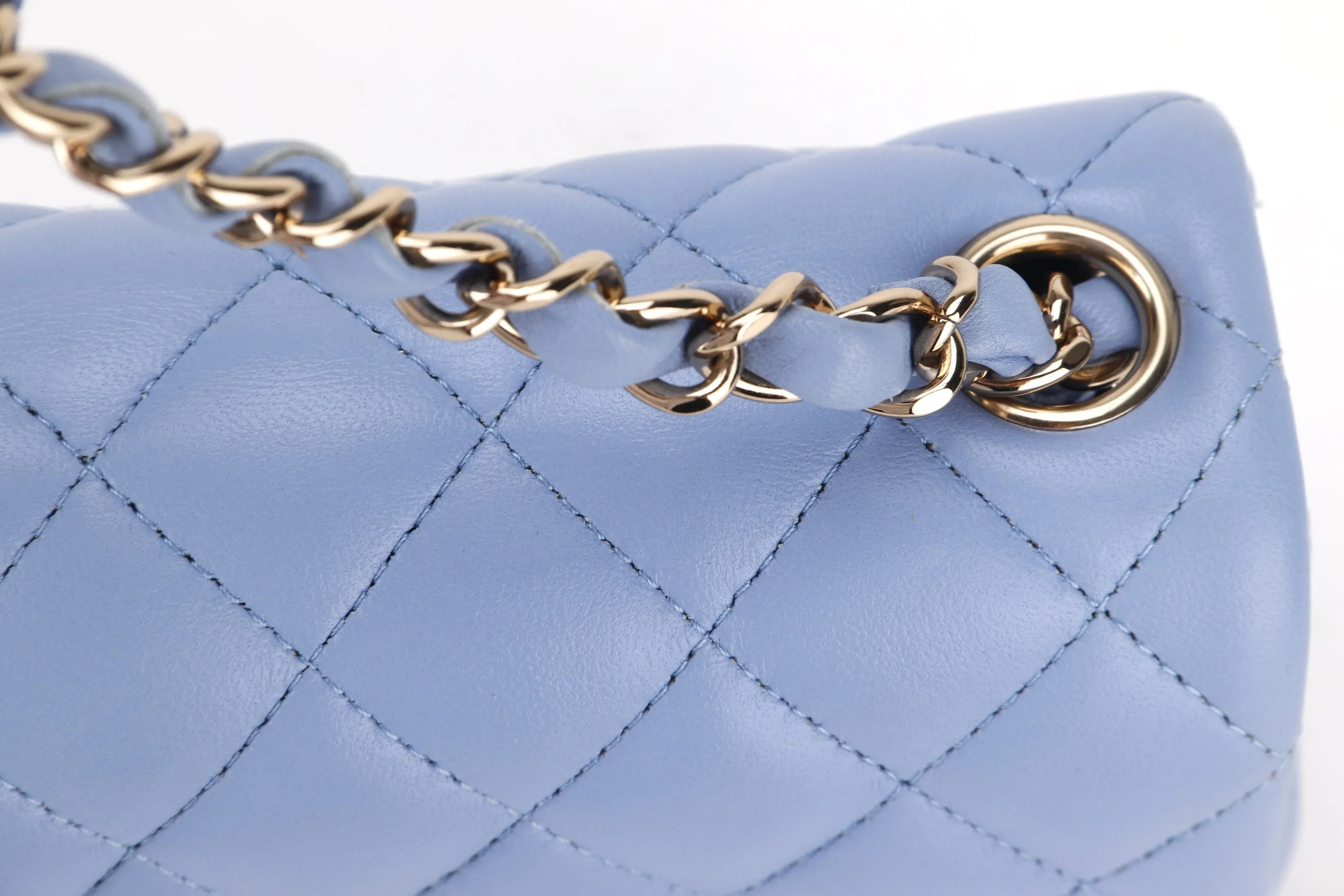 CHANEL CLASSIC MINI SQUARE (3071xxxx) LIGHT BLUE LAMBSKIN LIGHT GOLD HARDWARE, WITH CARD, DUST COVER & BOX