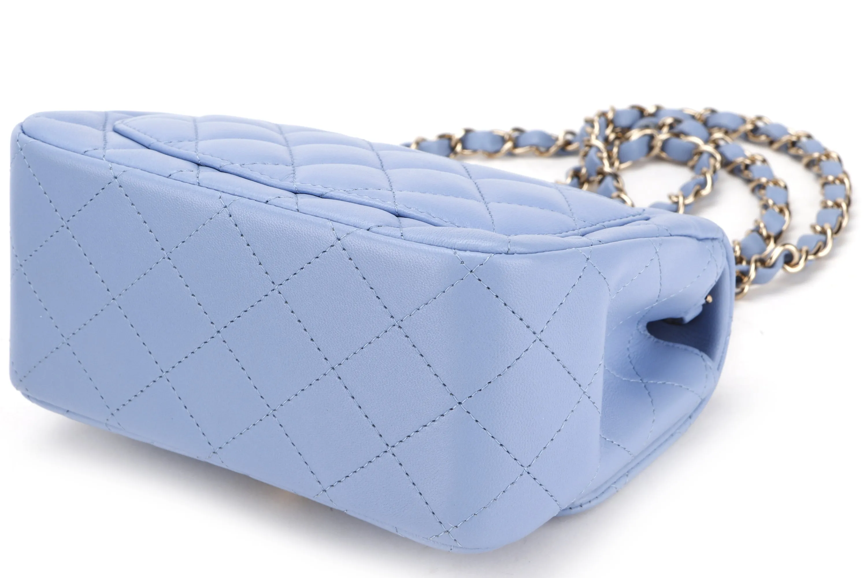 CHANEL CLASSIC MINI SQUARE (3071xxxx) LIGHT BLUE LAMBSKIN LIGHT GOLD HARDWARE, WITH CARD, DUST COVER & BOX