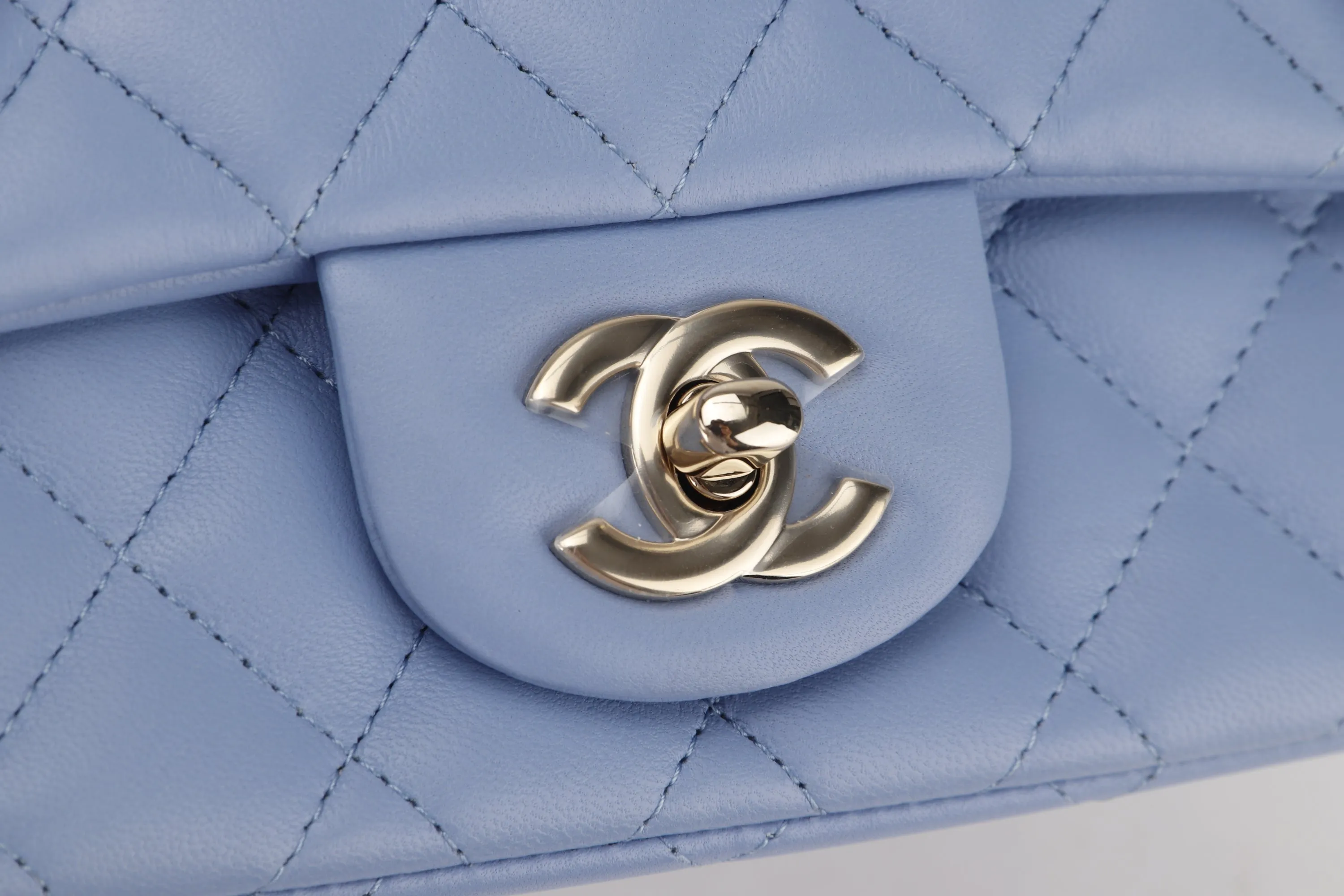 CHANEL CLASSIC MINI SQUARE (3071xxxx) LIGHT BLUE LAMBSKIN LIGHT GOLD HARDWARE, WITH CARD, DUST COVER & BOX