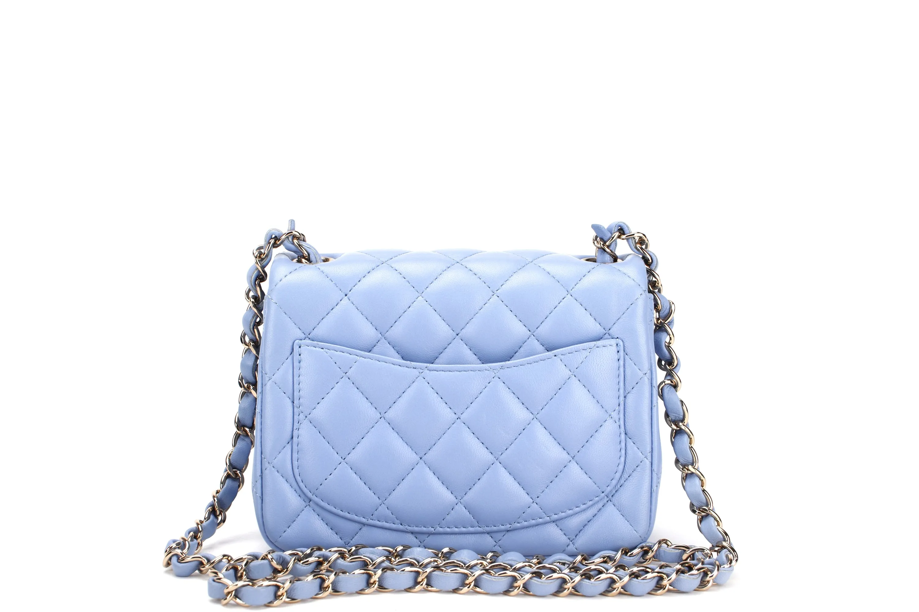 CHANEL CLASSIC MINI SQUARE (3071xxxx) LIGHT BLUE LAMBSKIN LIGHT GOLD HARDWARE, WITH CARD, DUST COVER & BOX