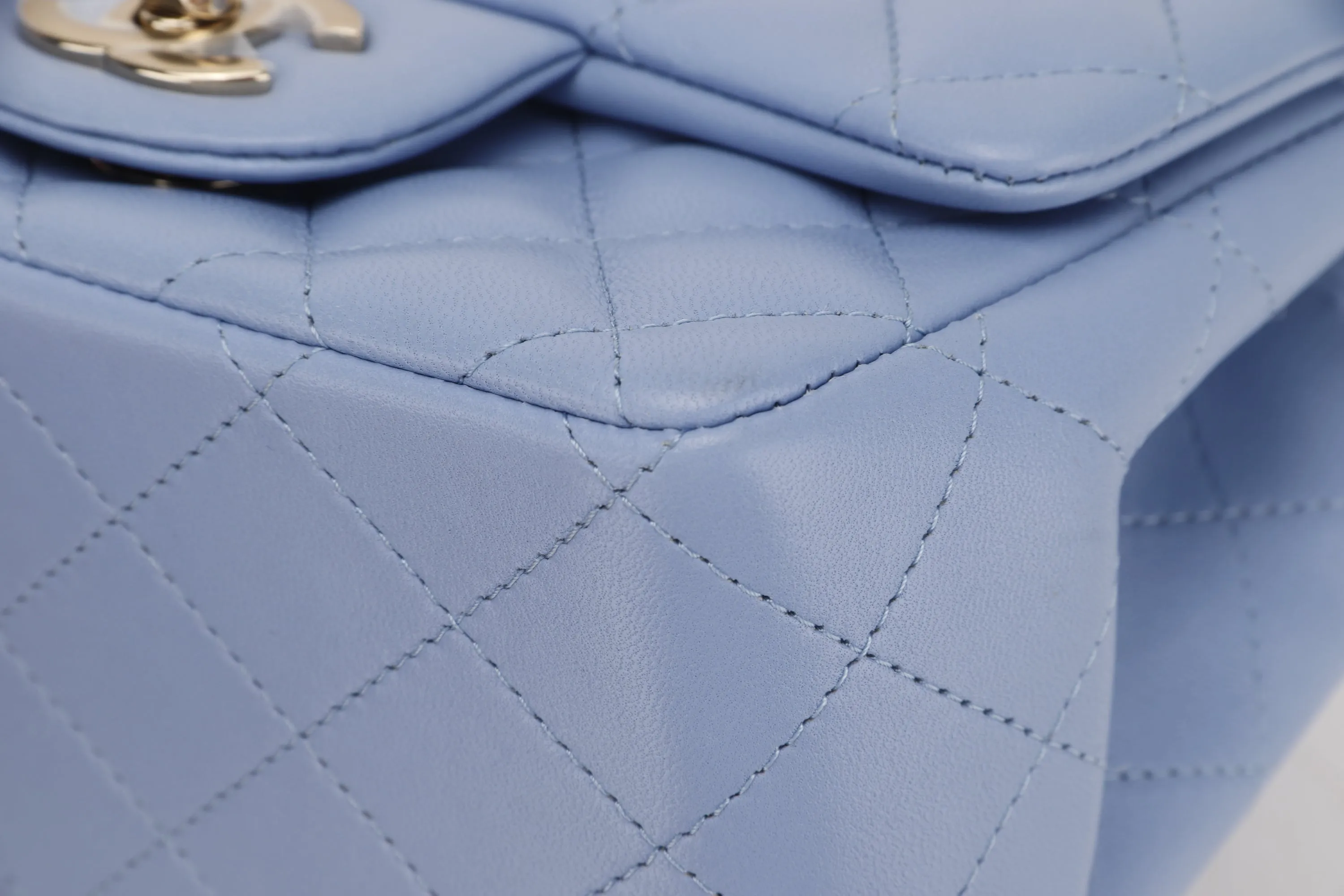 CHANEL CLASSIC MINI SQUARE (3071xxxx) LIGHT BLUE LAMBSKIN LIGHT GOLD HARDWARE, WITH CARD, DUST COVER & BOX