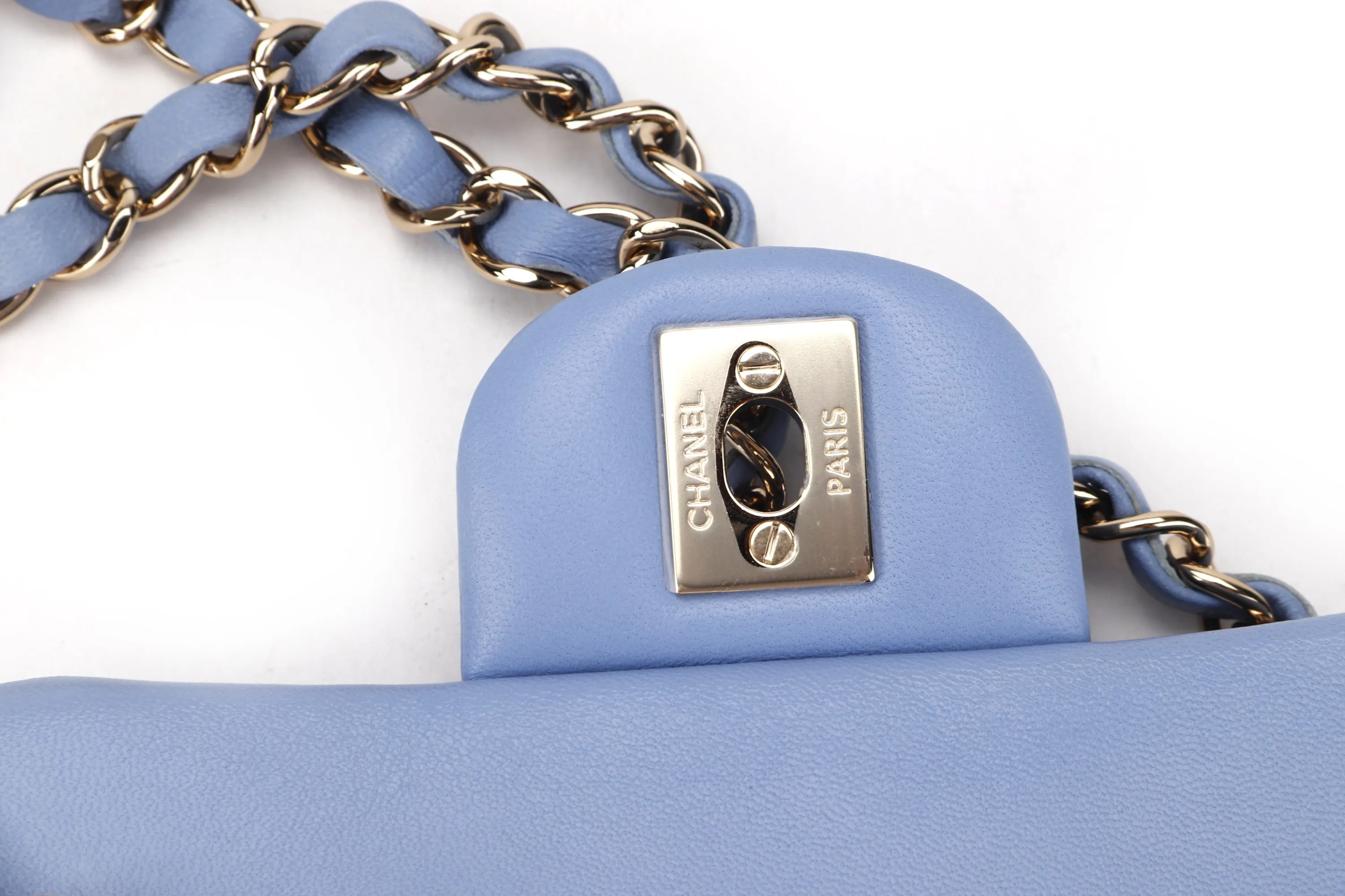 CHANEL CLASSIC MINI SQUARE (3071xxxx) LIGHT BLUE LAMBSKIN LIGHT GOLD HARDWARE, WITH CARD, DUST COVER & BOX