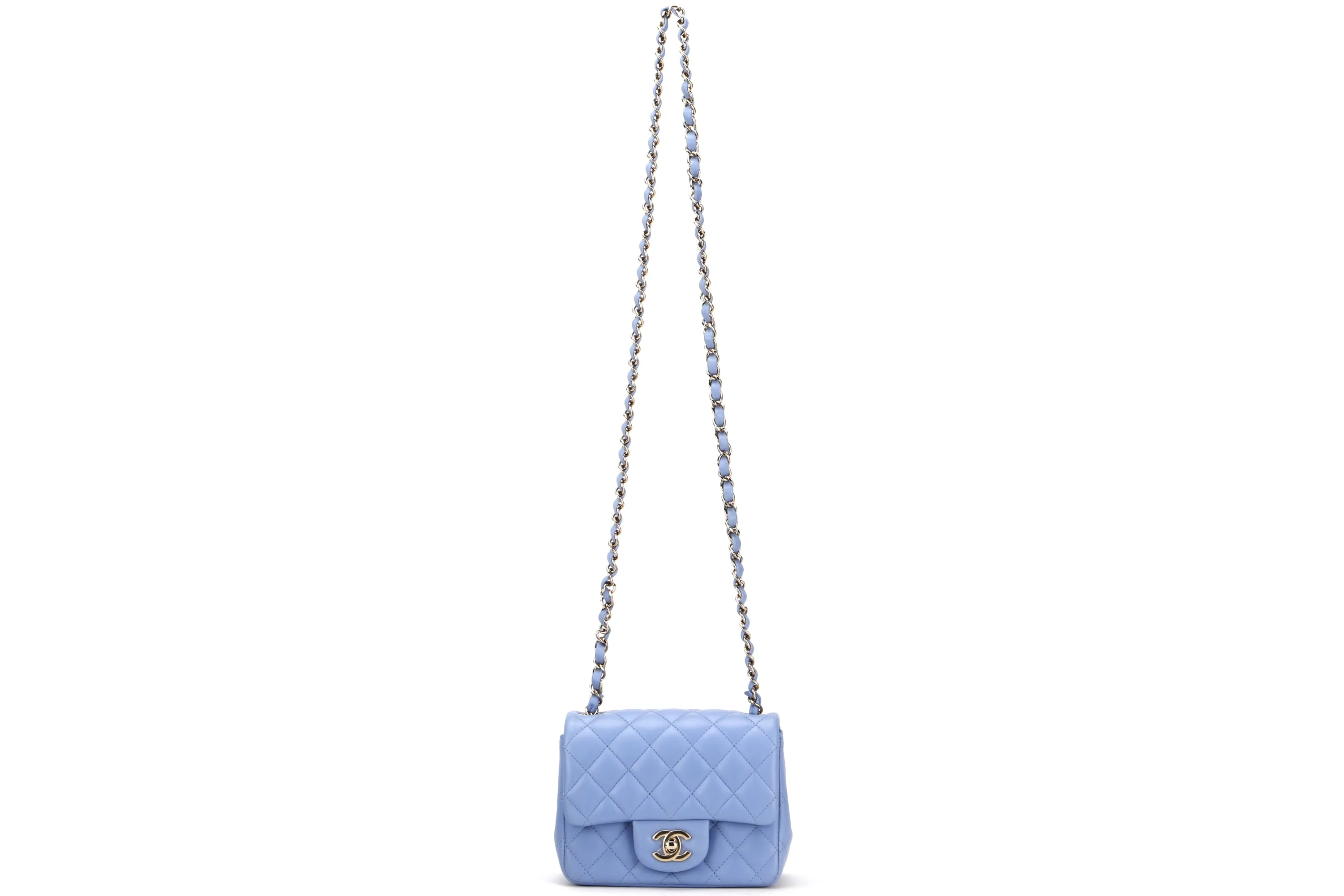 CHANEL CLASSIC MINI SQUARE (3071xxxx) LIGHT BLUE LAMBSKIN LIGHT GOLD HARDWARE, WITH CARD, DUST COVER & BOX